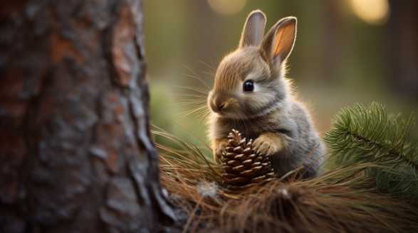 rabbit eating pine cone