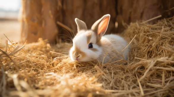 rabbit laying on straw bed
