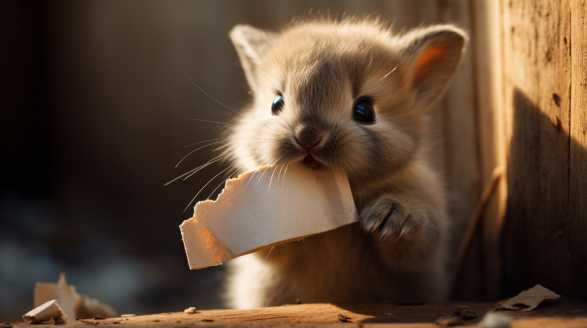 rabbit chewing on cardboard