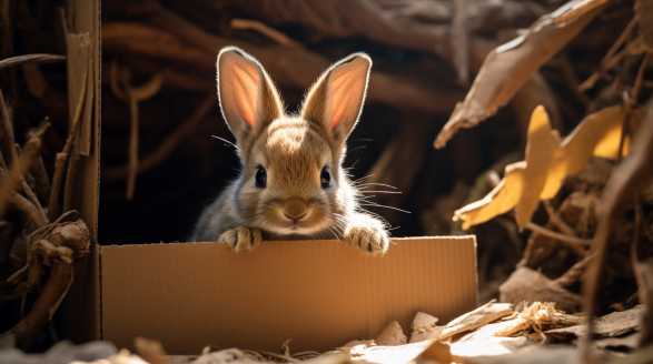 rabbit chewing on cardboard