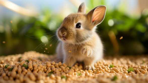 rabbit eating alfalfa pellets