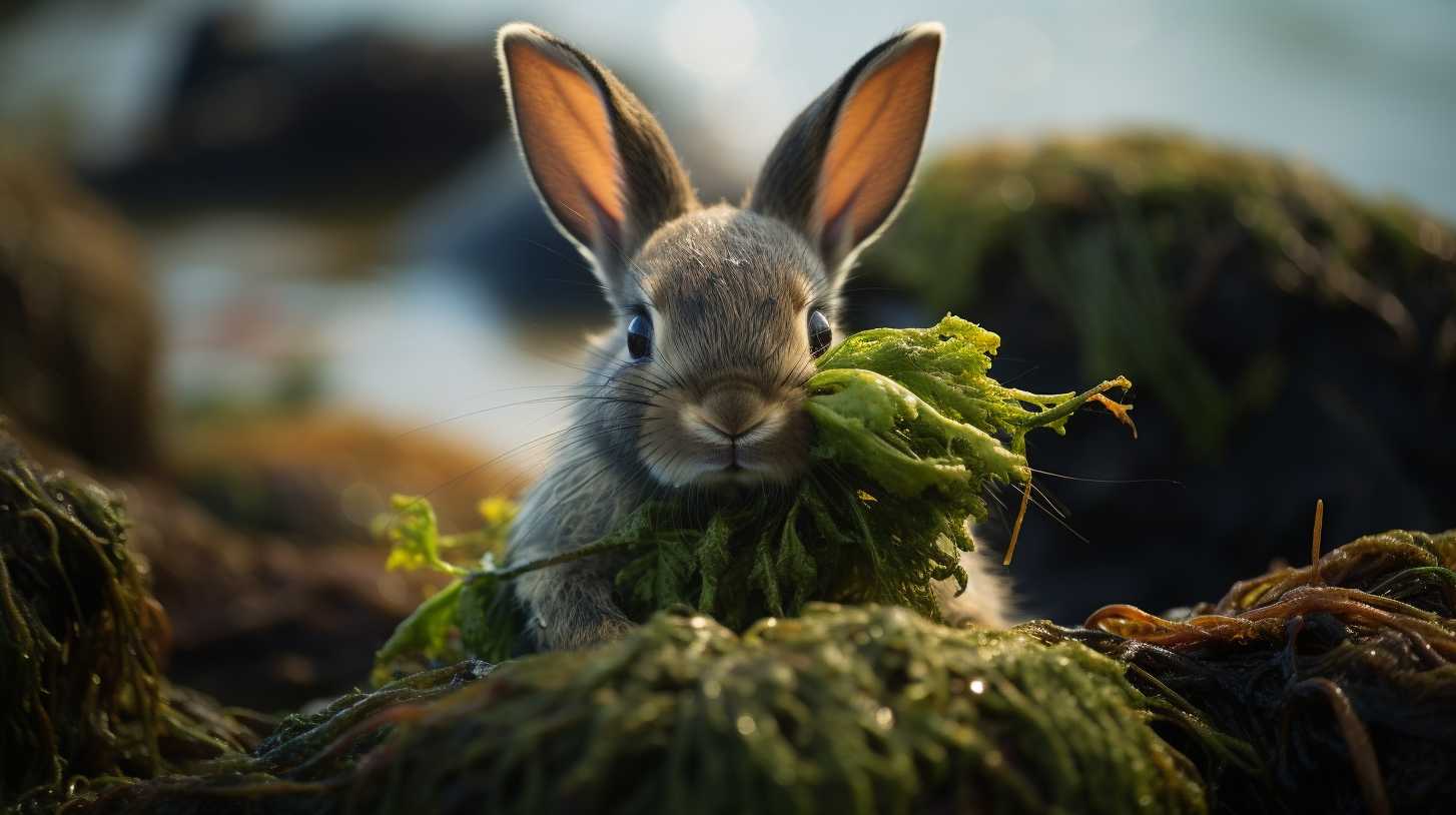 baby rabbit eating seaweed