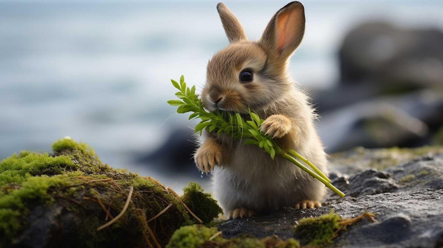 baby rabbit eating seaweed