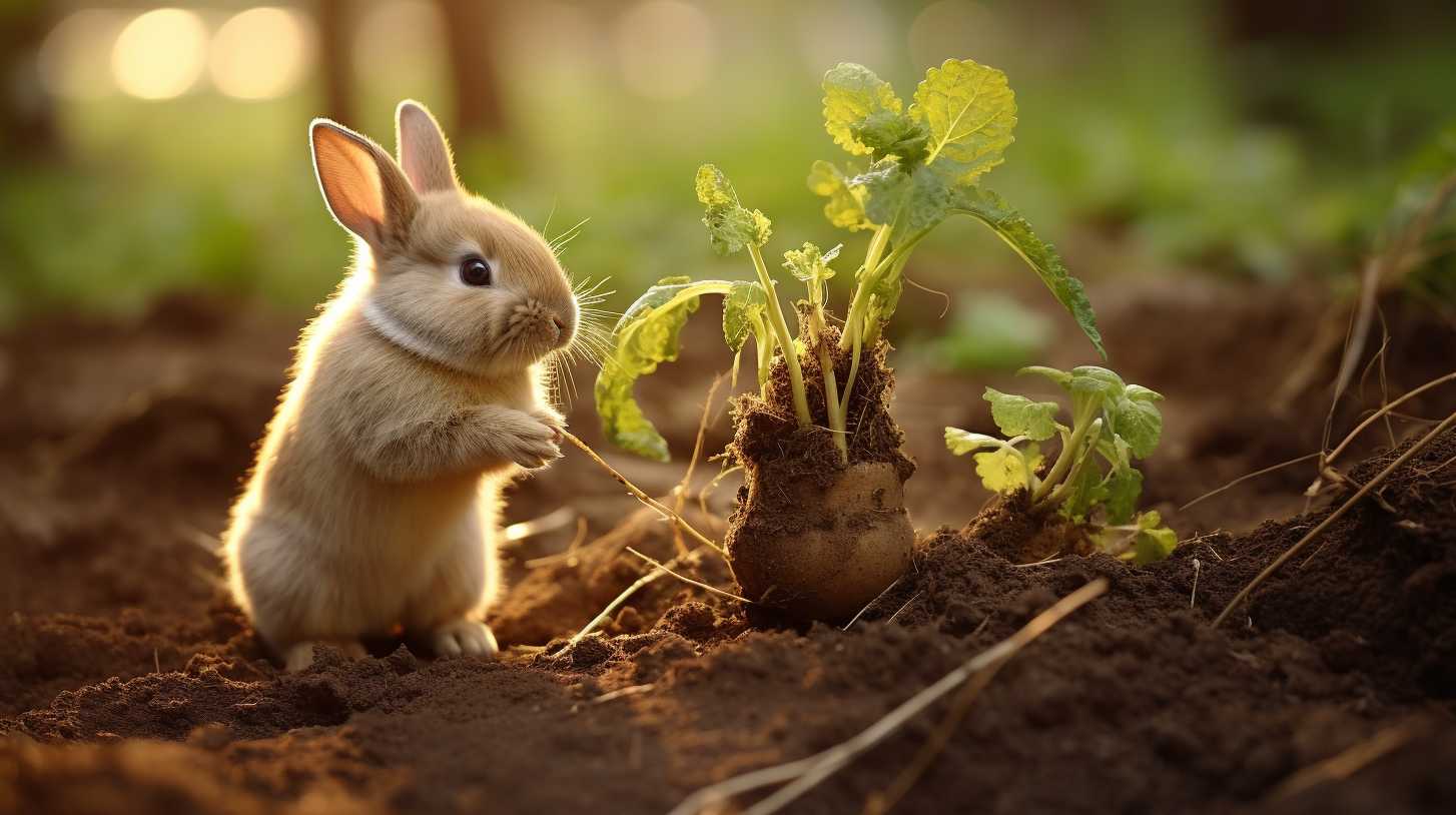 rabbit eating potato plant